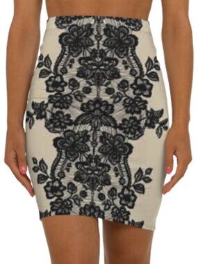 Black Lace Floral Pattern Pencil Skirt | Mid-Waist Bodycon